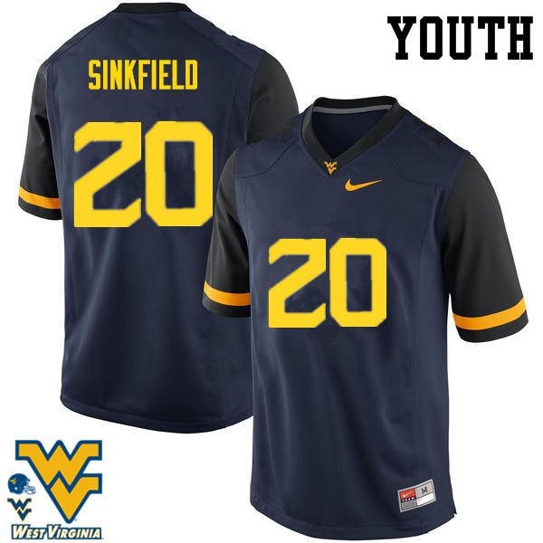 Youth #20 Alec Sinkfield West Virginia Mountaineers College Football Jerseys-Navy - Click Image to Close